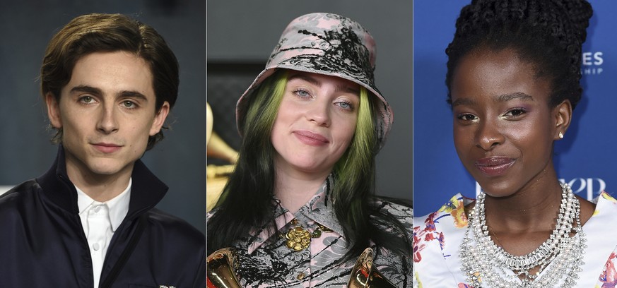 This combination of photos shows actor Timothée Chalamet, from left, singer Billie Eilish, poet Amanda Gorman, and tennis star Naomi Osaka who will co-chair the Met Gala on September 13, 2021. (AP Pho ...