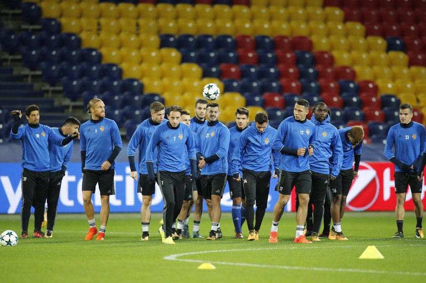 Basel players attend a training session ahead of the Champions League soccer match between CSKA Moscow and Basel in Moscow, Russia, Tuesday, Oct. 17, 2017. (AP Photo/Alexander Zemlianichenko)