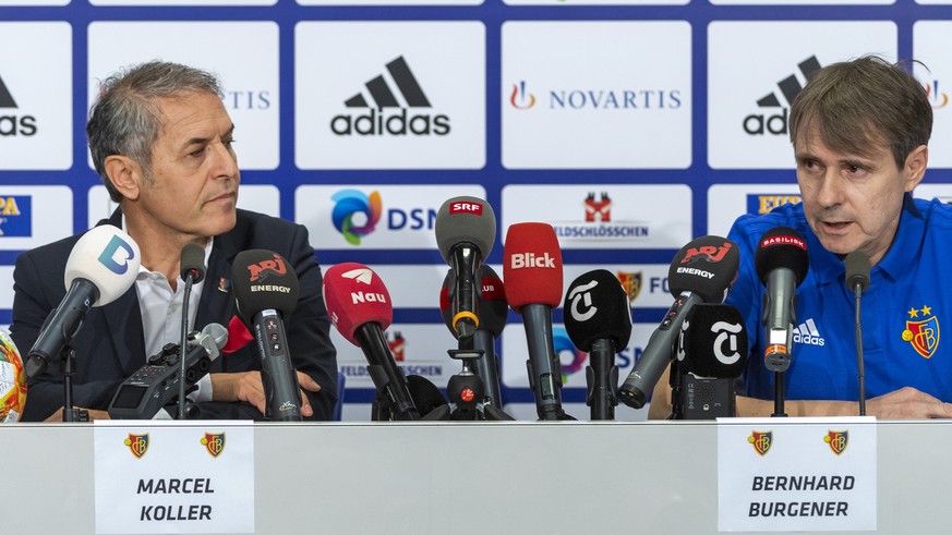 Cheftrainer Marcel Koller, links, und Praesident Bernhard Burgener, rechts, sprechen an einer Medienkonferenz des FC Basel 1893 in Basel, am Dienstag, 18. Juni 2019. (KEYSTONE/Georgios Kefalas)