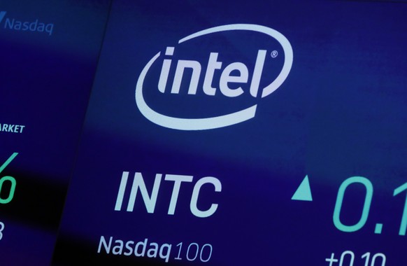 In this Oct. 1, 2019, file photo the symbol for Intel appears on a screen at the Nasdaq MarketSite, in New York. Chipmaker Intel scored a decisive legal victory Wednesday, Jan. 26, 2022 in a long-runn ...