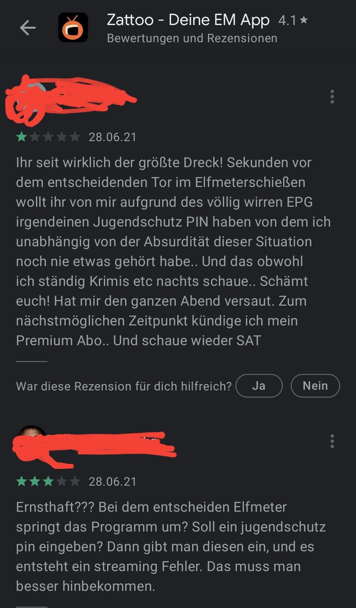 tel: 
Geht dem doch mal nach, ich gehöre auch zu den Unglücklichen. War das Penaltyschiessen CH-FRA via Zattoo am schauen, Mbappe läuft an..... und das Bild stellt auf schwarz. Irgend ein Pin sollte m ...