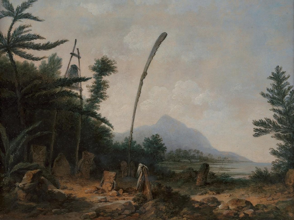 Friedhof in der Südsee. Gemälde von John Webber, um 1777.
https://collections.britishart.yale.edu/catalog/tms:1134