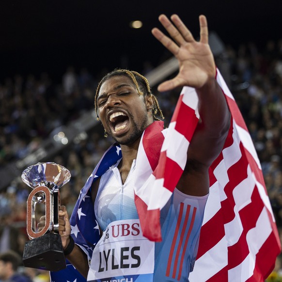 Noah Lyles of the United States celebrates after winning the 200m Men during the Weltklasse IAAF Diamond League international athletics meeting at the Letzigrund stadium in Zurich, Switzerland, Thursd ...