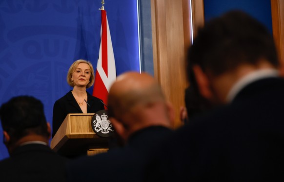 epa10243444 Liz Truss, Britain&#039;s prime minister during a news conference on the UK economy at Downing Street in London, Britain, 14 October 2022. Truss fired Chancellor of the Exchequer Kwasi Kwa ...