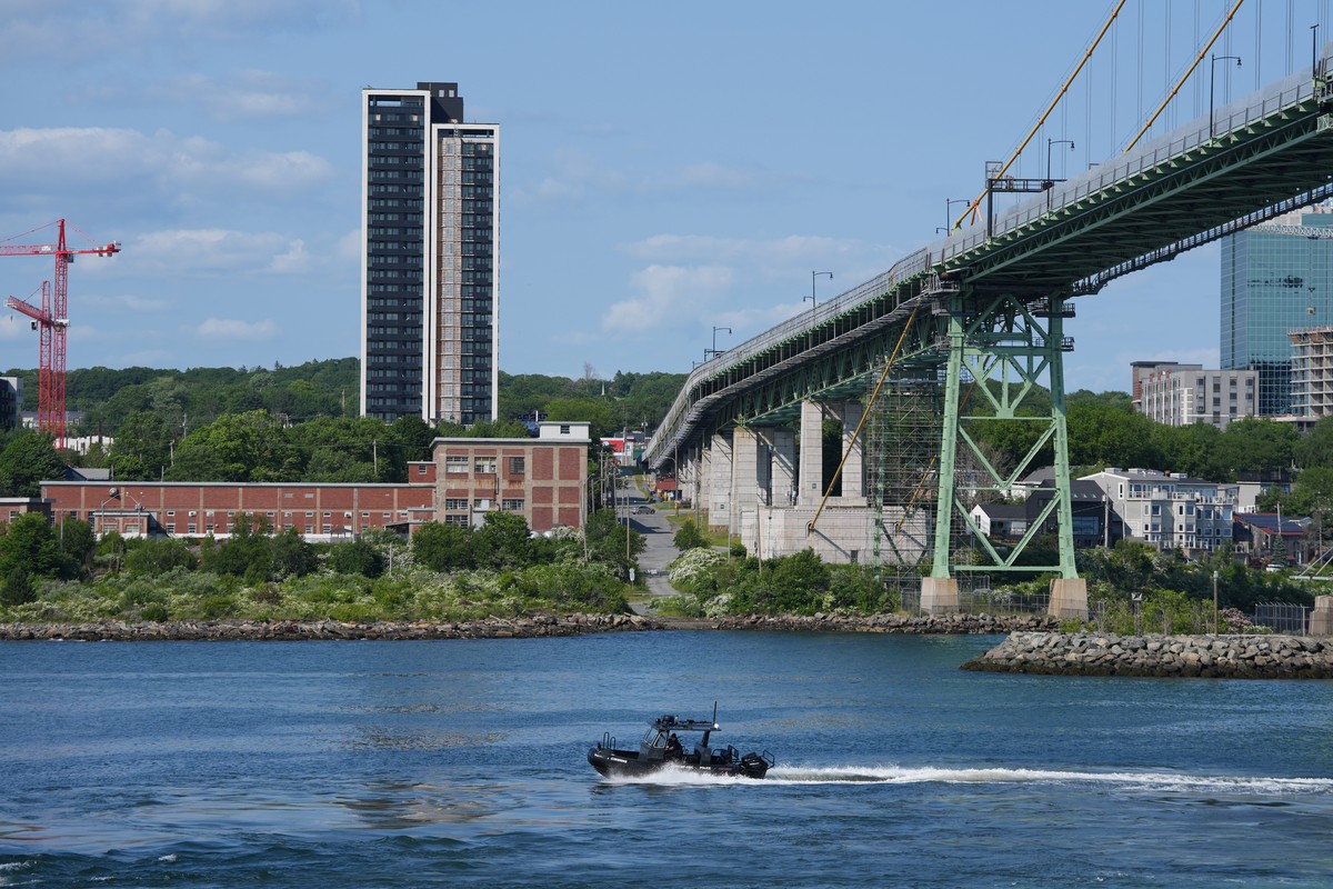 A security boat patrols Halifax Harbour as Canadian Prime Minister Mark Carney announces German shipbuilder ThyssenKrupp Marine Systems (TKMS) will build the Canadian navy's new fleet of submarin ...