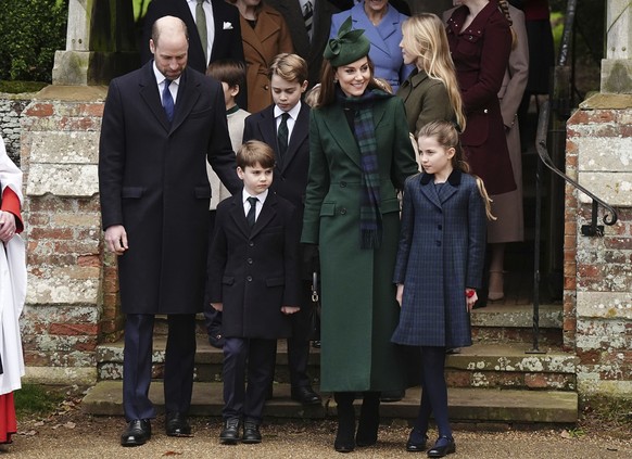 From left, Britain&#039;s Prince William, Prince Louis, Prince George, Kate, Princess of Wales and Princess Charlotte following the Christmas day service at St Mary Magdalene Church in Sandringham in  ...
