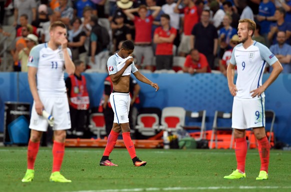 Die gescheiterten Engländer Jamie Vardy, Marcus Rashford und Harry Kane (v.l.).