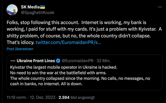 Bei X (Twitter) hiess es, Gerüchte über einen Totalausfall der ukrainischen Kommunikations-Infrastruktur seien falsch.