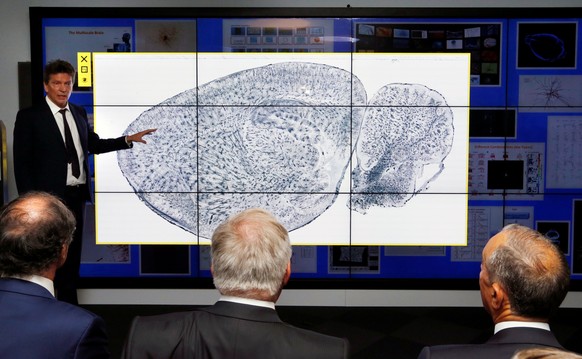 Henry Markram director of the Blue Brain Project shows a mouse brain to the Swiss and Portuguese Presidents, Johann Schneider-Ammann and Marcelo Rebelo de Sousa at the Campus Biotech during Marcelo Re ...