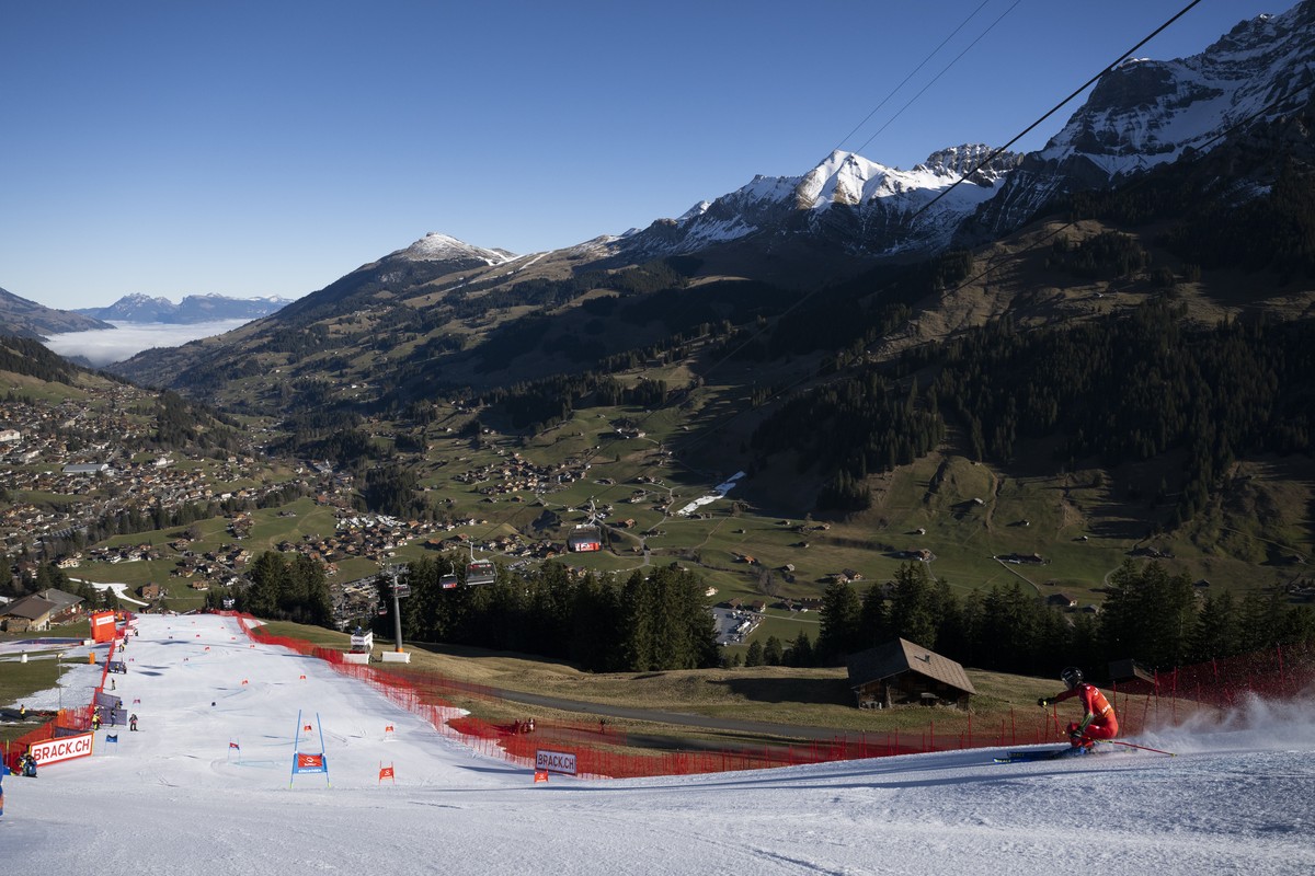 Christian Borgnaes of Denmark in action during the first run of the men's giant slalom race at the Alpine Skiing FIS Ski World Cup in Adelboden, Switzerland, Saturday, February 7, 2023. (KEYSTONE ...