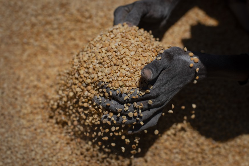 FILE - An Ethiopian woman scoops up portions of yellow split peas to be allocated to waiting families after it was distributed by the Relief Society of Tigray in the town of Agula, in the Tigray regio ...