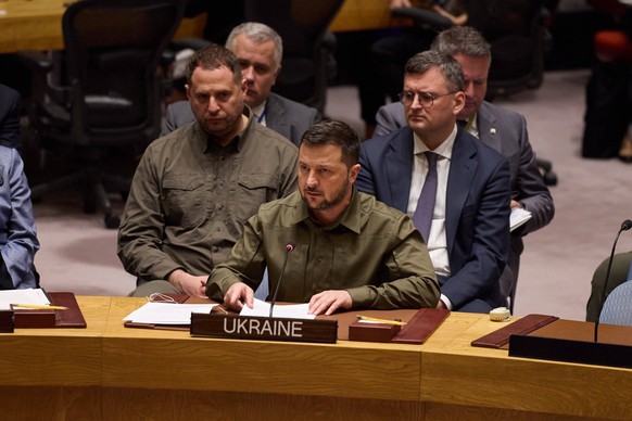 September 20, 2023, New York, New York, USA: Ukrainian President VOLODYMYR ZELENSKY listens during a special Security Council meeting on the Russian Invasion of Ukraine at the United Nations headquart ...