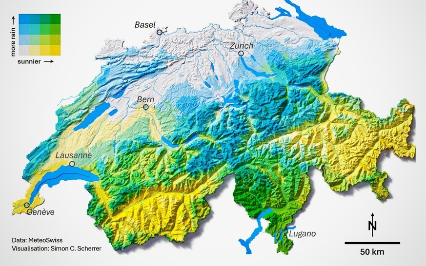 Sonnenscheindauer und Niederschlagsmenge in der Schweiz.