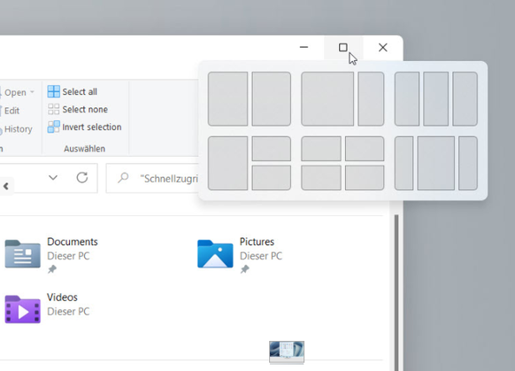 Fenster lassen sich neu mit einem Klick über den Maximieren-Button am Bildschirmrand anheften, bzw. rasch anordnen.