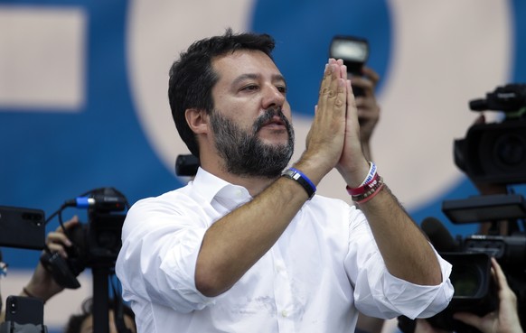 FILE - In this Sunday, Sept. 15, 2019 file photo, leader of The League party, Matteo Salvini, speaks at a party&#039;s rally in Pontida, northern Italy. ItalyÄôs politically battered Matteo Salvini a ...