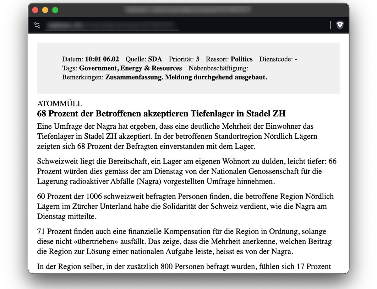 Screenshot einer Meldung der Nachrichtenagentur Keystone-SDA zum geplanten Atommüll-Tiefenlager in Stadel ZH.