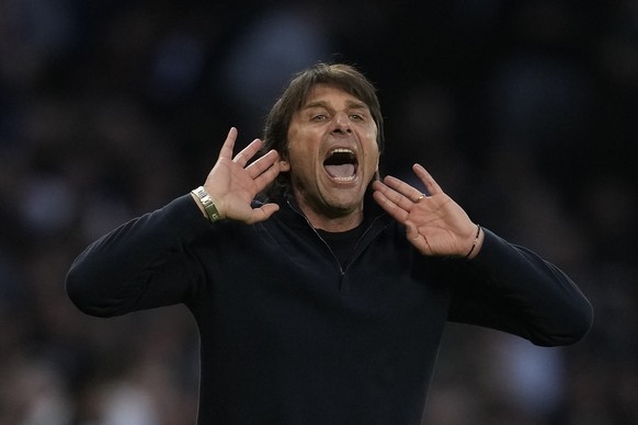 FILE - Tottenham&#039;s head coach Antonio Conte reacts during the English Premier League soccer match between Tottenham Hotspur and Arsenal at Tottenham Hotspur stadium in London, England, on May 12, ...