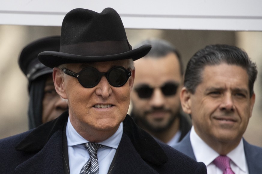 Roger Stone arrives for his sentencing at federal court in Washington, Thursday, Feb. 20, 2020. Roger Stone, a staunch ally of President Donald Trump, faces sentencing on his convictions for witness t ...