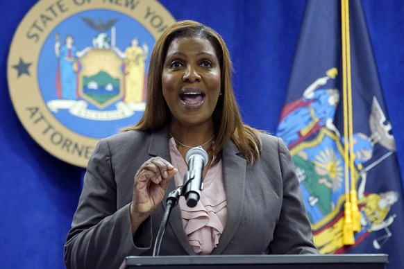 FILE �?? New York Attorney General Letitia James addresses a news conference at her office, in New York, May 21, 2021. James is seeking former President Donald Trump&#039;s testimony in an ongoing inv ...