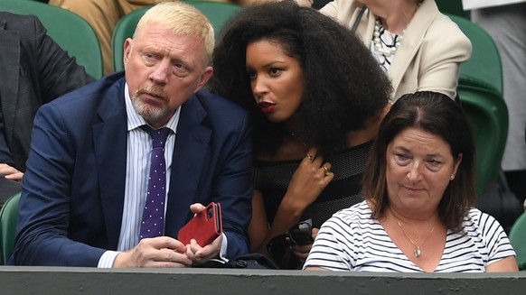 epa09308638 Former German tennis player Boris Becker (L) watches the 1st round match between Sloane Stephens of the USA and Petra Kvitova of the Czech Republic at the Wimbledon Championships, Wimbledo ...