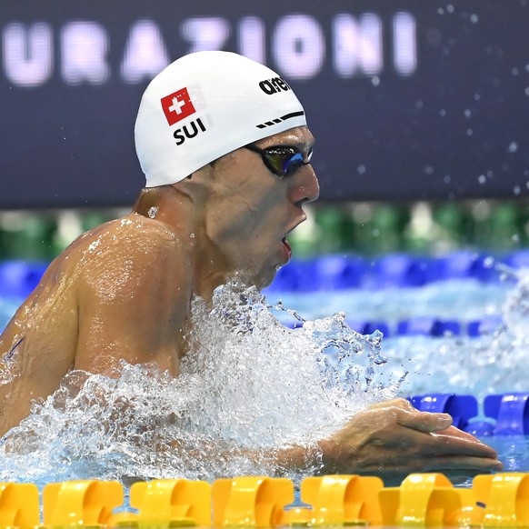 epa09215611 Switzerland&#039;s Jeremy Desplanches competes during the men&#039;s 200 meters individual medley final at the LEN European Aquatics Championships at the Duna Arena in Budapest, Hungary, 2 ...