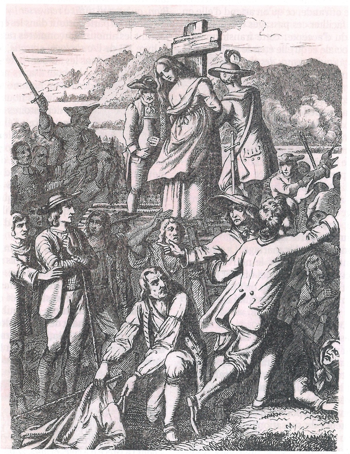 Femme suisse accusée de sorcellerie et condamnée au bûcher (gravure, vers 1700)