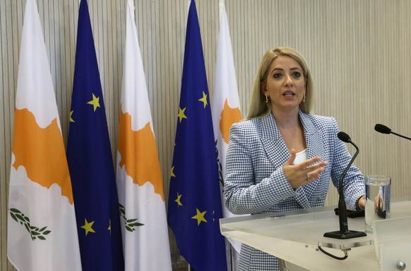 epa09261896 New President of the House of Representatives, Annita Demetriou delivers a statement at the Presidential Palace in Nicosia, Cyprus, 11 June 2021. Annita Demetriou, of the ruling Democratic ...