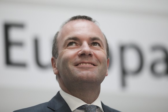 European People&#039;s Party top candidate Manfred Weber speaks to media after first projections of the European Parliament elections announced at the Christian Democratic Union, CDU, headquarters in  ...