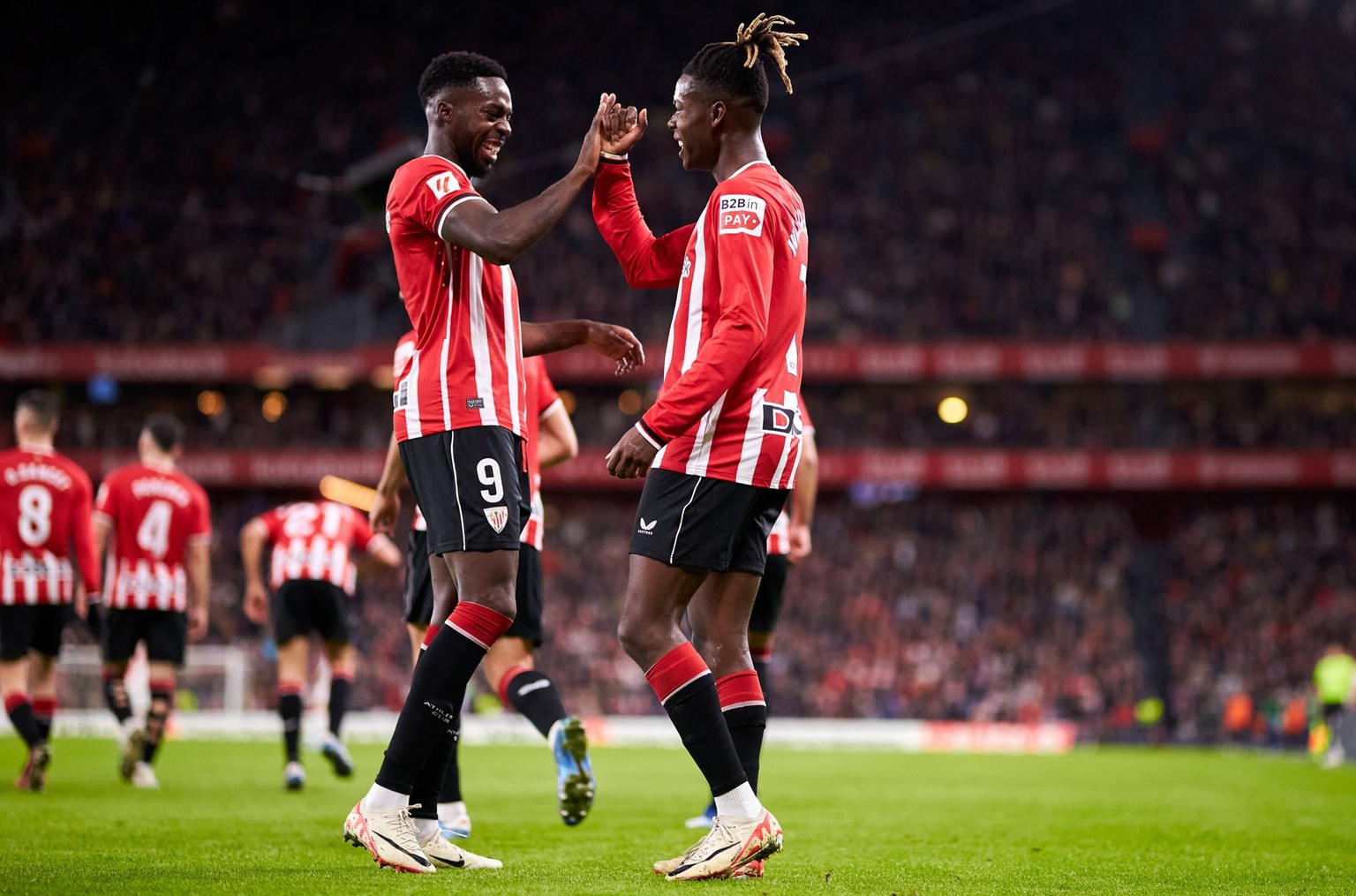 December 2, 2023: Nico Williams and Inaki Williams of Athletic Club reacts after scoring goal during the LaLiga EA Sports match between Athletic Club and Rayo Vallecano at San Mames on December 2, 202 ...