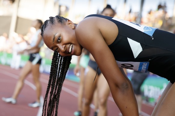 Sarah Atcho from Switzerland reacts after the women&#039;s 200m race at the Athletissima IAAF Diamond League international athletics meeting in the Stade Olympique de la Pontaise in Lausanne, Switzerl ...