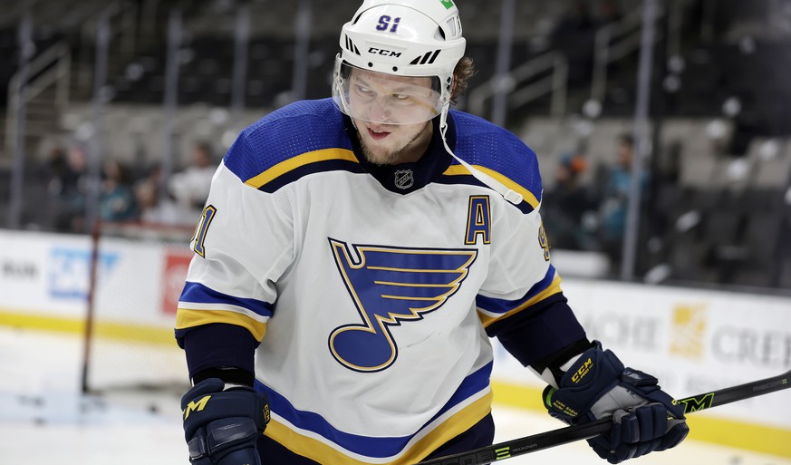 St. Louis Blues right wing Vladimir Tarasenko (91) skates during warmups prior to an NHL hockey game against San Jose Sharks in San Jose, Calif., Thursday, April 21, 2022. (AP Photo/Josie Lepe)
Vladim ...