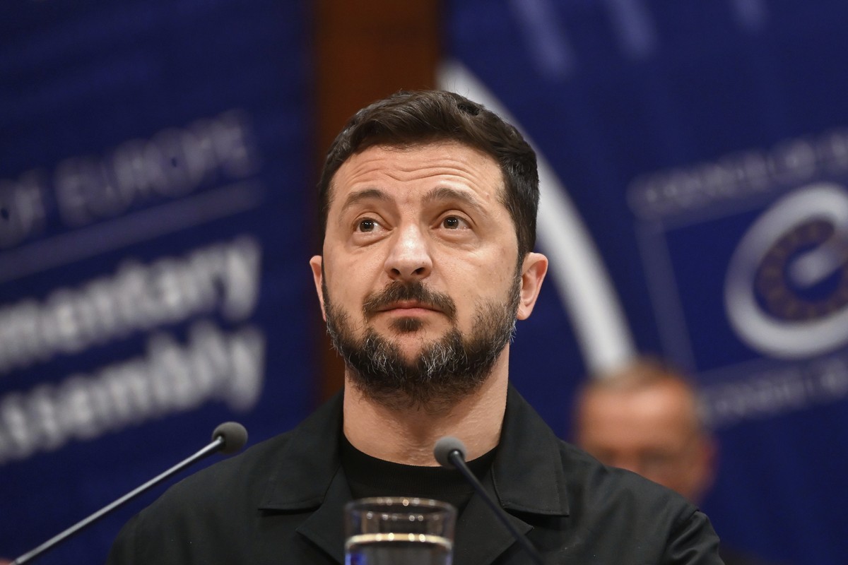 Ukraine's President Volodymyr Zelenskyy delivers a speech at the Council of Europe after signing the legal instruments necessary to launch the Special Tribunal for the Crime of Aggression against ...