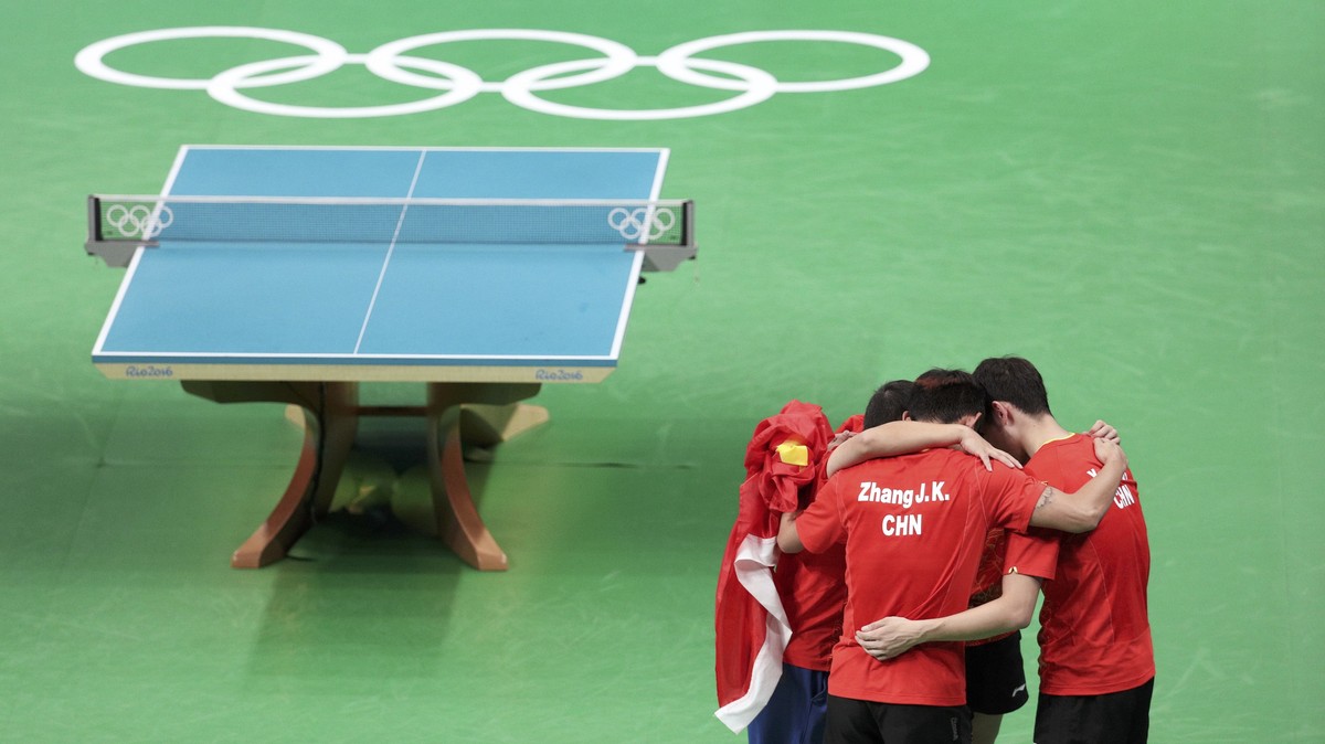 2016 Rio Olympics - Table Tennis - Men's Team - Gold Medal Match - Riocentro - Pavilion 3 - Rio de Janeiro, Brazil - 17/08/2016. Xu Xin (CHN) of China, Ma Long (CHN) of China, Zhang Jike (CHN) of ...