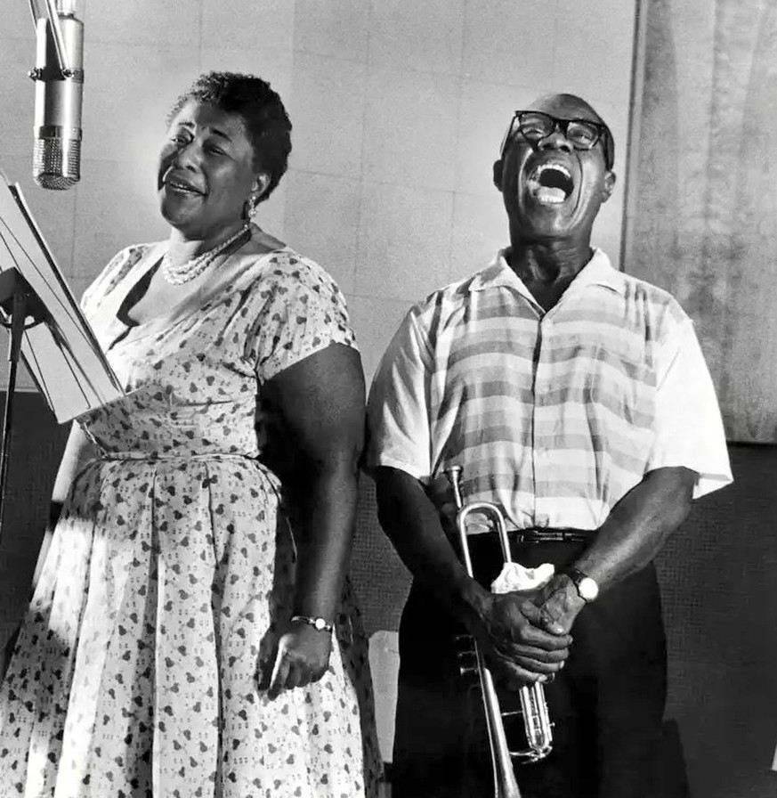 Ella Fitzgerald and Louis Armstrong at Capitol Studio, Los Angeles, August 1956, during the recordings of the album "Ella and Louis"