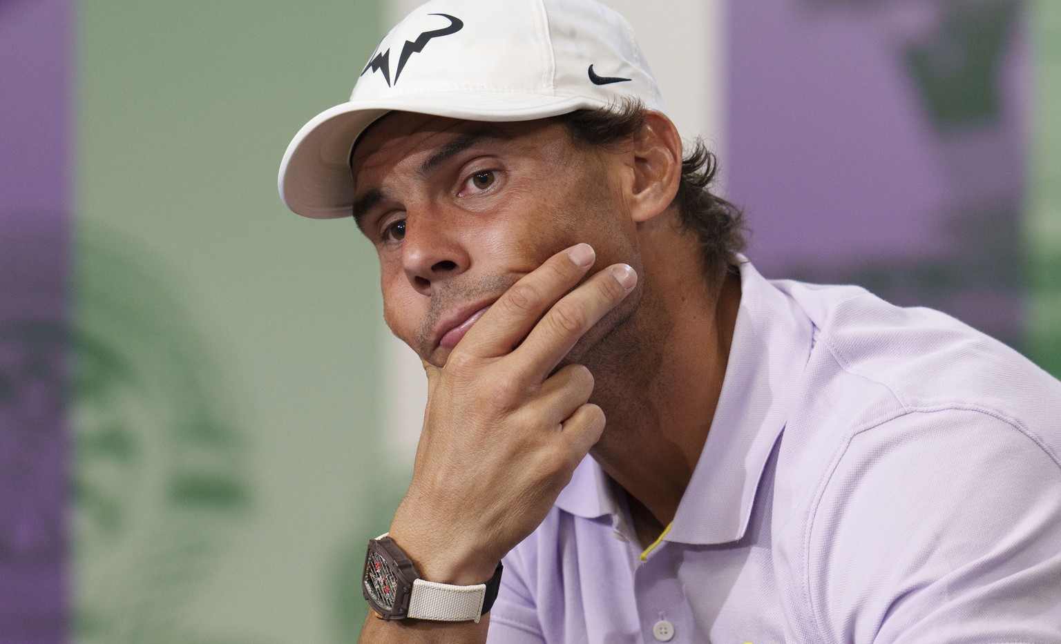 Spain&#039;s Rafael Nadal announces that he is withdrawing from the semi-final of the Gentlemen&#039;s Singles during a press conference at The All England Lawn Tennis Club, Wimbledon, Thursday, July  ...