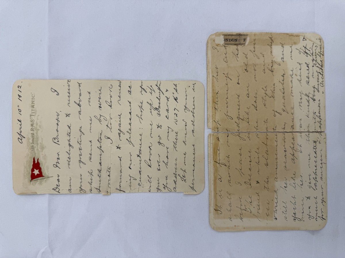This undated handout picture provided by the auctioneers Henry Aldridge &amp; Son, England, shows a lettercard, penned by one of the Titanic's most well-known survivors from onboard the ship days ...