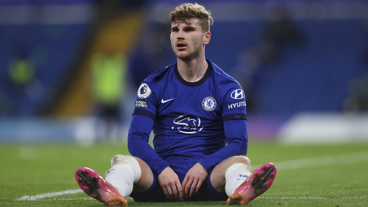epa09210455 Chelsea's Timo Werner reacts during the English Premier League soccer match between Chelsea FC and Leicester City in London, Britain, 18 May 2021. EPA/Catherine Ivill / POOL EDITORIAL ...