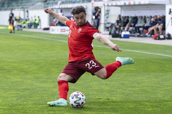 Switzerland&#039;s Xherdan Shaqiri in action during a friendly soccer match between Switzerland and Liechtenstein, at the kybunpark stadium in St. Gallen, Switzerland, Thursday, June 3, 2021. (KEYSTON ...