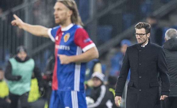 Basel&#039;s head coach Raphael Wicky, right, looks on during an UEFA Champions League Group stage Group A matchday 4 soccer match between Switzerland&#039;s FC Basel 1893 and Russia&#039;s CSKA Moskv ...