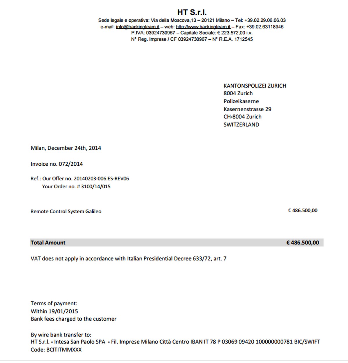 Diese Rechnung tauchte in den geleakten Dokumenten auf.