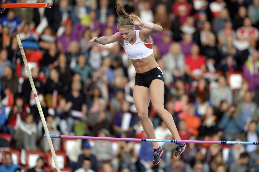 Kira Gruenberg from Austria competes in the women&#039;s pole vault final, at the third day of the European Athletics Championships in the Letzigrund Stadium in Zurich, Switzerland, Thursday, August 1 ...