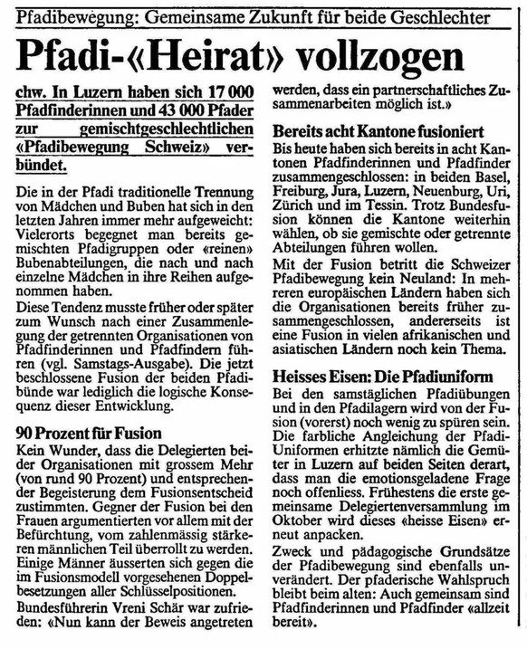 Die «Pfadi-Heirat» war geglückt. Artikel in der Zeitung Der Bund vom Mai 1987.
https://www.e-newspaperarchives.ch/?a=d&amp;d=DBB19870525-01.2.16.3&amp;srpos=2&amp;e=------198-fr-20--1--img-txIN-pfadi+ ...