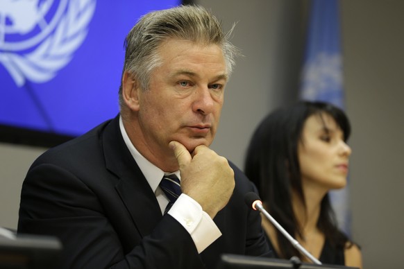 Actor Alec Baldwin, left, and his wife Hilaria Baldwin attend a news conference at United Nations headquarters, Monday, Sept. 21, 2015. The Baldwin&#039;s were participating in the announcement of the ...