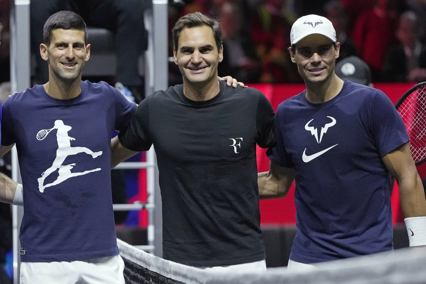 FILE - From left, Serbia&#039;s Novak Djokovic, Switzerland&#039;s Roger Federer and Spain&#039;s Rafael Nadal attend a training session ahead of the Laver Cup tennis tournament at O2 in London, Thurs ...