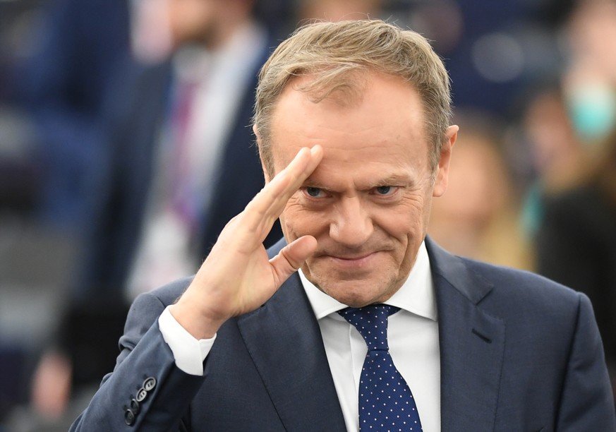 epa07466480 The President of the European Council, Donald Tusk, before the debate on the Conclusions of the European Council meeting of 21 and 22 March 2019 at the European Parliament in Strasbourg, F ...