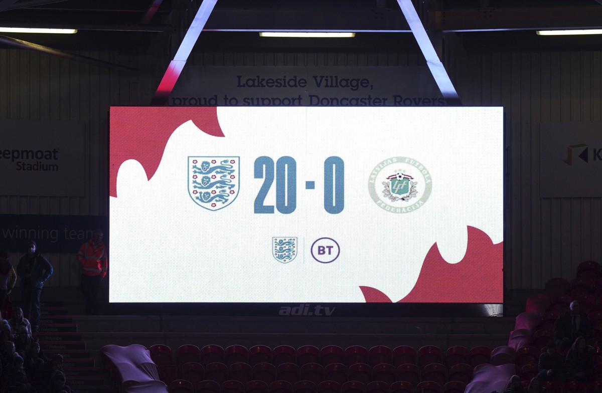 The scoreboard reading 20-0 during the Women's FIFA World Cup Qualifying - Group D soccer match between England and Latvia at the Keepmoat Stadium, Doncaster, England, Tuesday Nov. 30, 2021. (Tim ...