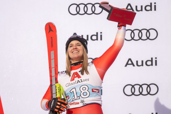 epa10404655 Second placed Joana Haehlen of Switzerland celebrates on the podium after the women&#039;s Super G race at the FIS Alpine Skiing World Cup in St. Anton am Arlberg, Austria, 14 January 2023 ...