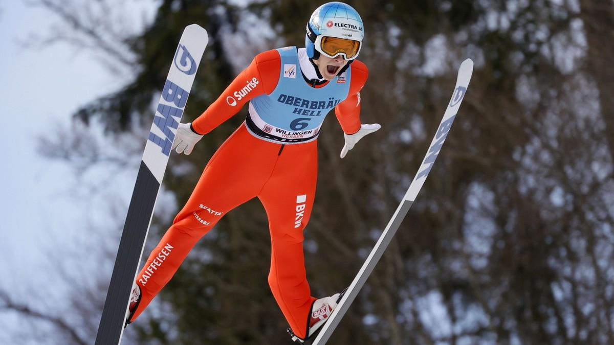 epa10447247 Dominik Peter of Switzerland in action during the first round of the Men's Large Hill competition at the FIS Ski Jumping World Cup in Willingen, Germany, 04 February 2023. EPA/RONALD  ...