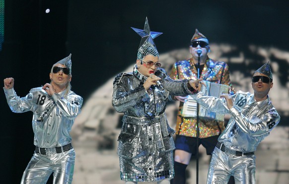 FILE - In this May 12, 2007 file photo, Verka Serduchka from the Ukraine sings 'Dancing Lasha Tumbai' at a dress rehearsal for the 2007 Eurovision Song Contest, in Helsinki, Finland. The cor ...