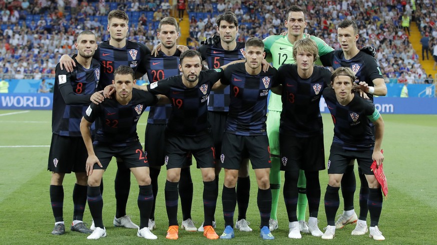 Croatian team pose for cameras prior to the group D match between Iceland and Croatia, at the 2018 soccer World Cup in the Rostov Arena in Rostov-on-Don, Russia, Tuesday, June 26, 2018. (AP Photo/Vadi ...